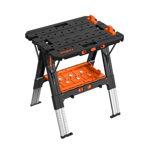 Image of Pony Portable Folding Work Table, Workbench & Sawhorse | 2-in-1 Design, 31 inchx25 inchx25 inch-35 inch Height Adjustable, Heavy Duty, 4 Bench Dogs, for Woodworkers & DIYers