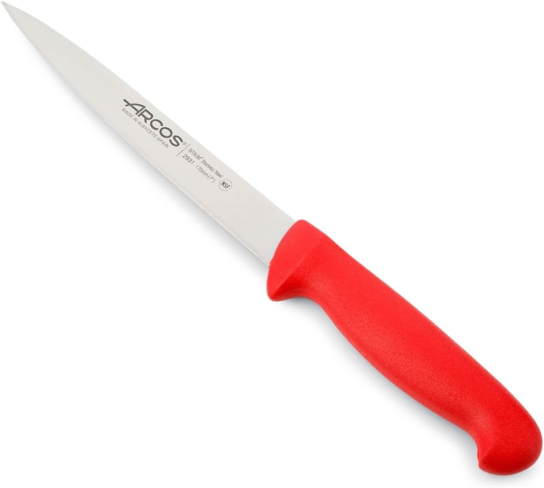 Arcos Sole Knife/Fish Knife 7 Inch Nitrum Stainless Steel and 170 mm Blade. Designed for handling and preparing fish. Ergonomic Polyoxymethylene POM Rosewood Handle. Series 2900. Color Red.