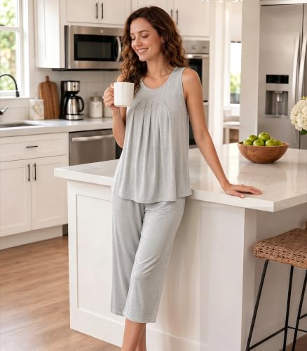 Image of NACHILA Pajamas for Women-Viscose Made from Bamboo, Sleeveless Pjs Tank Top Capri Pants Pajama Sets Cooling Sleepwear