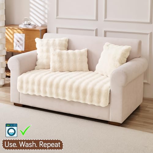 Image of HOKIPO 'FurHug' Luxury Faux Rabbit Fur Anti Slip 2 Seater Sofa Mat, Beige (NEW-5013-CRM*1)
