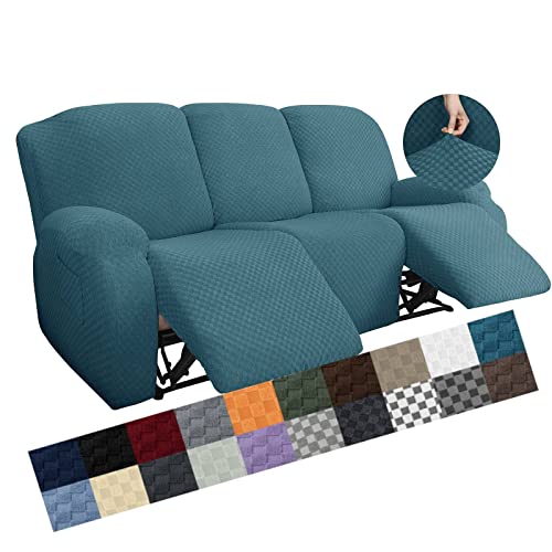 Image of YEMYHOM 8 Pieces Stretch Recliner Sofa Cover Jacquard Reclining Couch Cover with Side Pocket Anti-Slip Fitted 3 Cushion Furniture Slipcovers with Elastic Bottom (Recliner Sofa, Peacock Blue)