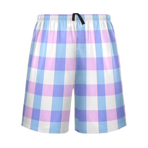 Men's Pajama Shorts, Pastel Blue Pink Plaid Pattern Sleep Pants for Men, Sleepwear Pajama Bottoms Lounge