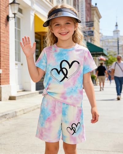 Image of Kids Girl Clothes Tie Dye Heart Print Short Sleeve Top and Shorts Toddler Girl Summer Outfits Short Set