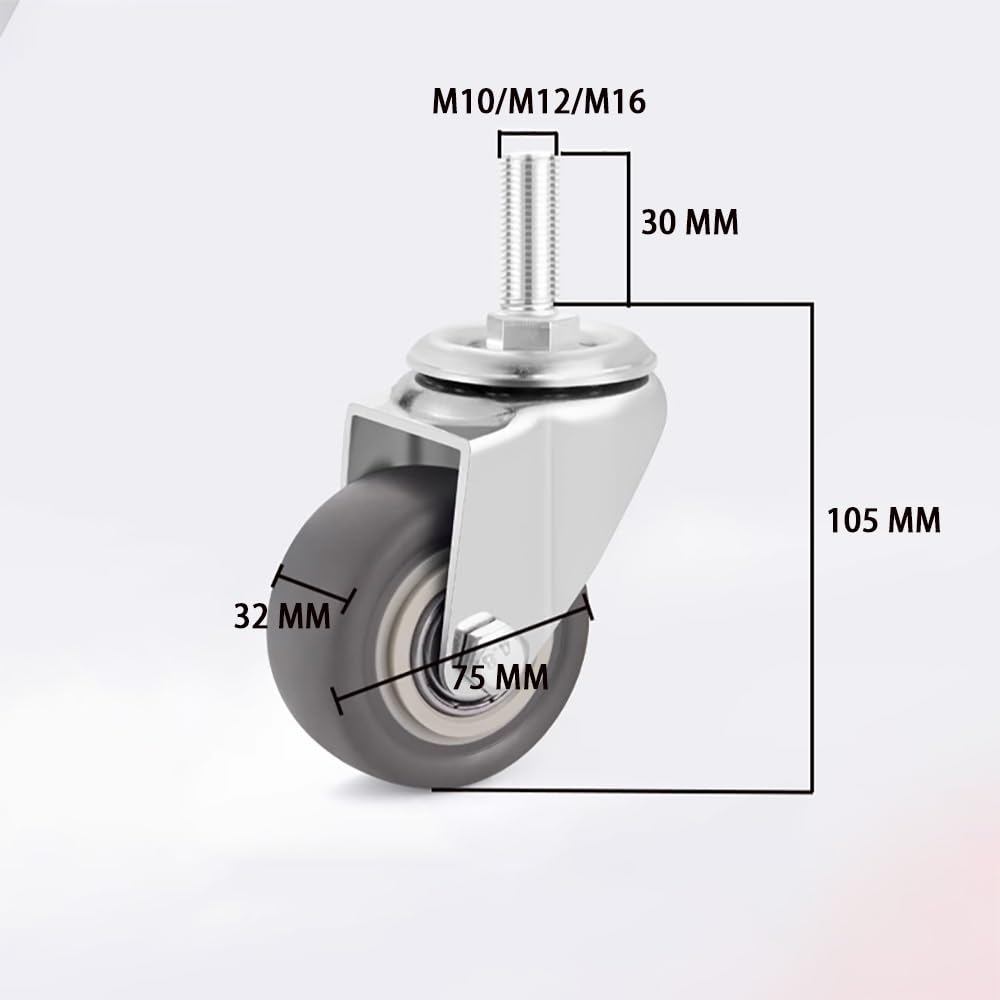 4 Pezzi Silenziose Ruote in Gomma, 3 Pollice Ruote Pivottanti, M10/M12/M16 Stelo Filettato Ruote con Freni per Carrelli, Tavoli(Swivel,M12)