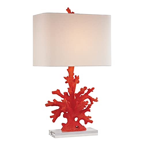 Elk Home Red Coral Table Lamp - 1-Light in Red Finish, with Off White Linen Rectangle Hardback Shade, Transitional Style