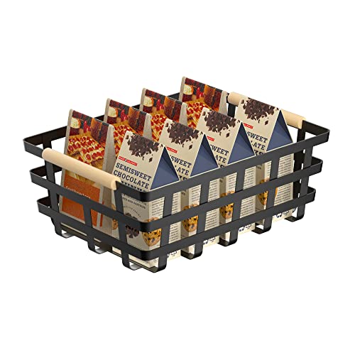 2 Pack X-Large Wire Metal Baskets Thick Functional Storage Organizer Farmhouse Fruit Bin With Wood Handles For Pantry Cabinets Rustic Kitchen Counter Closet Under Sink, Entryway- Black Upgraded #TOP2