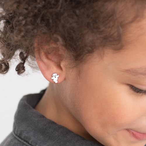 925 Sterling Silver White Enamel Ghost Safety Screw Back Earrings For Little Girls - Halloween Ghost Shaped Earrings For Children - Kids Ghostly Shaped Earrings3