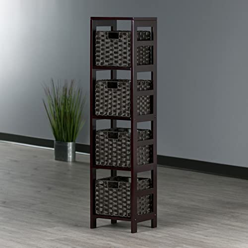 Winsome Wood Leo 5-Pc Storage Shelf With 4 Foldable Woven Baskets - Espresso And Chocolate #TOP5