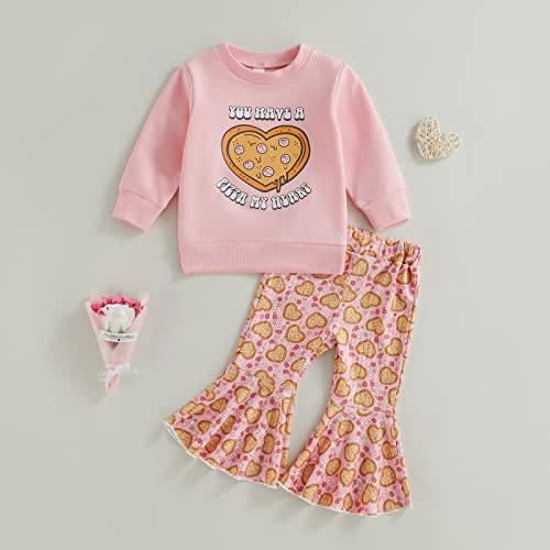 2Pcs Toddler Baby Girls Valentine's Day Outfits Letter Print Sweatshirts Pullover Tops Heart Print Flare Pants Clothes (Pink, 3-4 Years) #TOP2