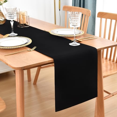 Farmhouse Rustic Table Runner Black Faux Linen Double Layer Table Runners Thick Reversible Table Runner 60 inches Long for Kitchen Dining Dresser Coffee Table Holiday Banquet Party 13x60 Inch