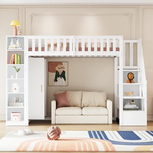 Hochbett 90x200 cm mit Schubladen & Regalen | Weiß | Massivholzbett für kleine Räume | Organisationslösung | Ohne Matratze – Bild 4