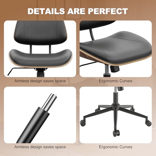 Image of Armless Office Chair with Wheels, PU Leather Adjustable Height Desk Chair - 360 Swivel Ergonomic Computer Chair for Small Space, Modern Walnut Style, Home & Meeting Room, Black