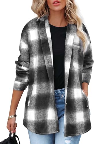 Beaully Women's 2025 Fall Clothes Plaid Shacket Jacket Long Sleeve Button Down Flannel Shirts Fashion Jacket 6025B Black White L