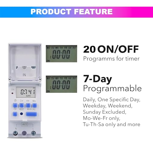 Image of amiciSmart 4-in-1 Digital Timer Switch Relay | 7-Day Programmable, Countdown, Pulse & Cycle Timer | DIN Rail Mount, (30A,220VAC)