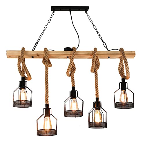 5-Light Industrial Farmhouse Linear Chaner, Rustic Wood Beam Rope Light