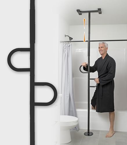 Image of Stander Double Handle Non-Rotating Floor to Ceiling Grab Bar, No-Drill Tension Mounted Transfer Pole for Seniors, Bath Safety & Bedside Assist Rail for Home Standing Support & Fall Prevention, Black