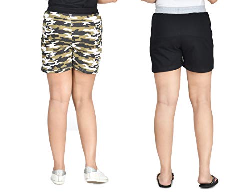 Image of Club A9 Women's Cotton Printed Shorts | Short Pants | Hot Pants (Pack of 2) (L, Brown Camo Print, Black)
