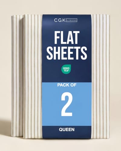 Queen Size Flat Sheet - Pack of 2 Top Flat Bed Sheet Only - Beige Stripes