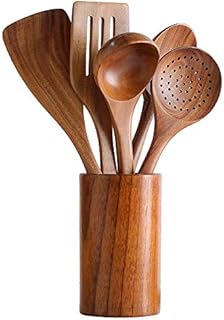 Healthy Cooking Utensils Set,Tmkit Wooden Cooking Tools and storage wooden barrel- Natural Nonstick Hard Wood Spatula and Spoons - Durable Eco-friendly and Safe Kitchen Cooking spoon (set of 6)
