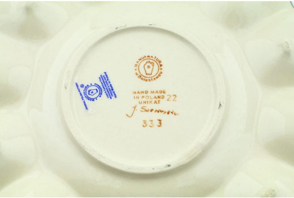 Polmedia Polish Pottery Egg Plate UNIKAT - Bright Blue Happiness Pattern Handmade in Boleslawiec Poland + Certificate of Authenticity