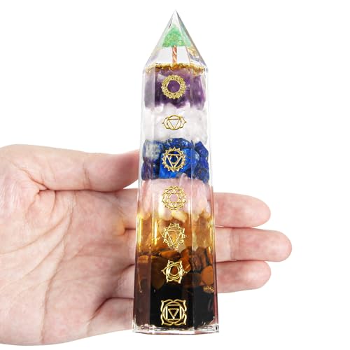 1 Stück Handgefertigter 7 Chakren Kristallstab Turm Hexagon Säule 136 g | Edelstein-Design & Baum des Lebens | Dekorationsobjekt & Geschenk für Zuhause Büro & Meditationsbereich