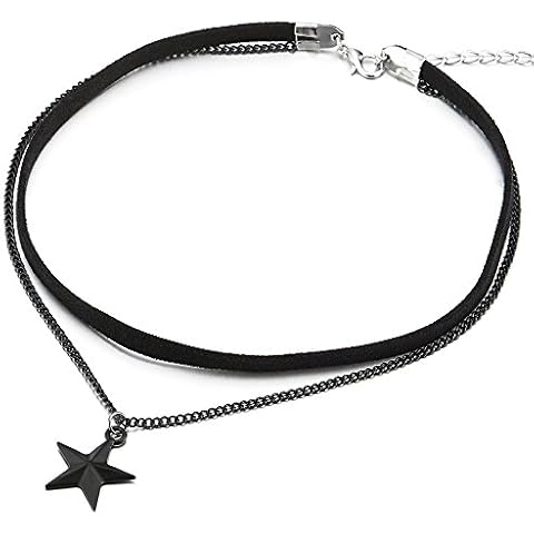 COOLSTEELANDBEYOND Ladies Womens Girls Two-Rows Black Choker Necklace with Black Chain and Pentagram Star Charm Pendant Cover