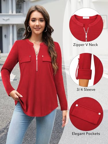 Image of Bulotus 3 /4 Length Sleeve Womens Striped Tops Zipper V Neck Collared Blouses Business Casual Tunics 2026 Spring Trendy