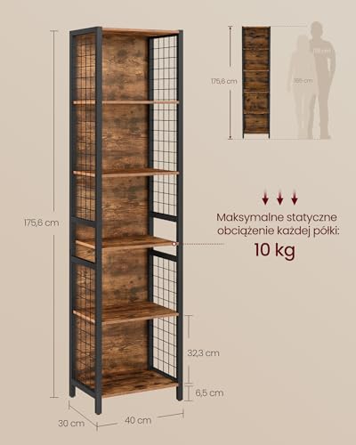 VASAGLE Regał na książki, 6 poziomów, szafka do przechowywania, 30 x 40 x 175,6 cm, z 4 haczykami w kształcie litery S, do biura, salonu, stalowa rama, rustykalny brąz i atrament czarny LLS170K01