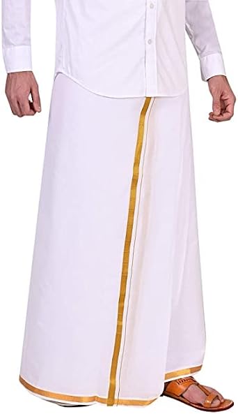 Men's Traditional Dothi White With Rich Golden Zari Border Dothi 100% Cotton Soft, Kasavu, Mundu, Veshti Double Layer 3.5 Meters
