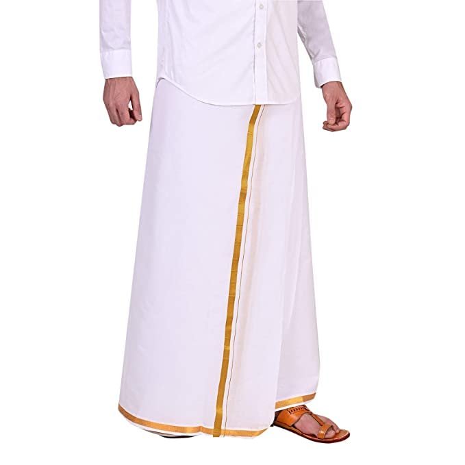 Herren Traditionelles Dothi Weiß mit sattem goldenem Zari-Bordüre (100% Baumwolle, weich, Kasavu, Mundu, Veshti) einlagig, weiß
