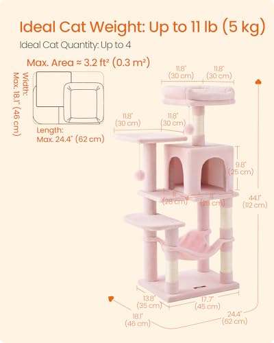 Image of Feandrea Cat Tree, 44.1-Inch Cat Tower, Plush Multi-Level Condo with 4 Scratching Posts, 2 Perches, Hammock, Cave, Jelly Pink UPCT261P01