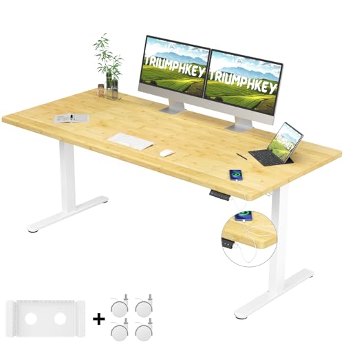 TRIUMPHKEY Elevable Eléctrico de BAMBÚ con Tablero Entero 180x80cm, Standing Desk con 4 Alturas de Memoria de Elevación y Ruedas, Mesa con 2 Motores, Capacidad de Carga 100KG para Oficina y Hogar