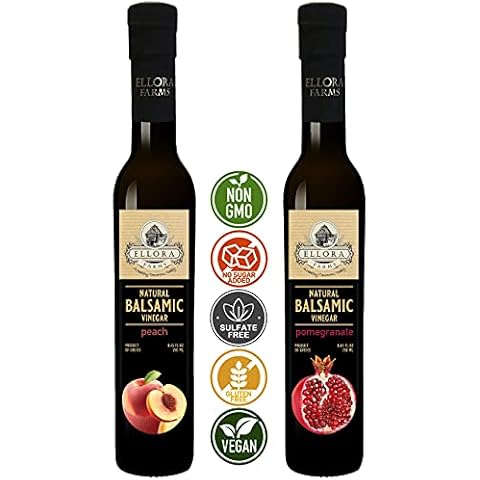 Ellora Farms, Combo Pack Fresh Peach and Pomegranate Infused Thick Aged Balsamic Vinegar, All-Natural, No- Additives, No-Added Sugars, Italian Dark Glass Bottles, Pack of 2 Cover