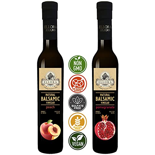 Ellora Farms, Combo Pack Fresh Peach And Pomegranate Infused Thick Aged Balsamic Vinegar, All-Natural, No- Additives, No-Added Sugars, Italian Dark Glass Bottles, Pack Of 2 #TOP5