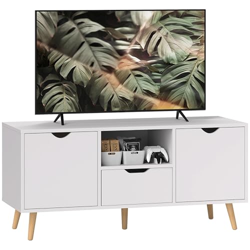 HOMCOM Mueble de TV, Mesa de TV con Cajón, 2 Puertas y Estante Abierto, Patas de Madera, para Televisores hasta 50 Pulgadas, Largo de 110 cm, para Salón, Dormitorio, Blanco