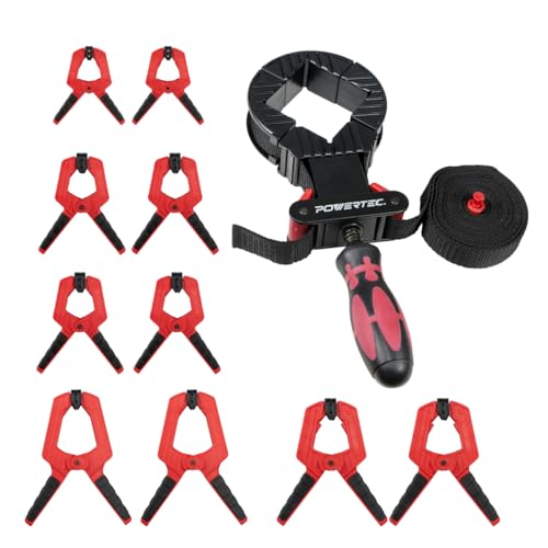 Image of POWERTEC 72208 Deluxe Quick Release Strap Clamp and Spring Clamps Set | Woodworking Frame Clamping Strap Holder with 10 Spring Clamps from 2 inch - 4 inch