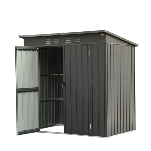Backyard Storage Shed with Sloping Roof Galvanized Steel Frame Outdoor Garden Shed Metal Utility Tool Storage Room with Latches and Lockable Door (6x4ft, Black)