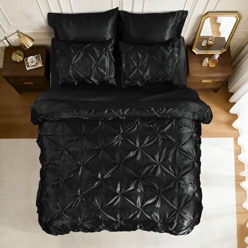 Image of BEDELITE Satin Comforter Set Twin Size, 5 Pieces Pintuck Bed in A Bag with Comforter, Flat Sheet, Fitted Sheet, Pillowcases, Shams, Soft Cozy Similar to Silk Bed Set for All Seasons (Black)
