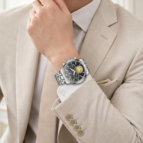Image of OLEVS Men Automatic Skeleton Watch - Luxury Stainless Steel Calendar Moon Phase Mechanical Dress Wrist Watch with Luminous, Waterproof Self-Wind (Gold /Silver /Blue /Black)
