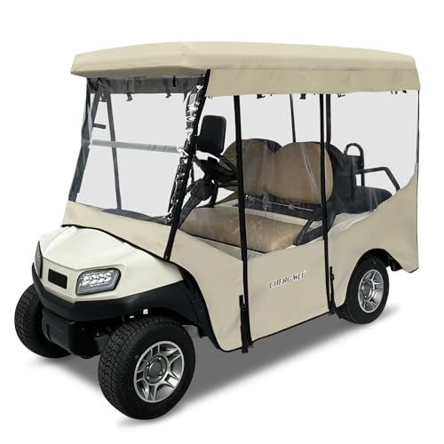 Golf Cart Enclosure for 4 Passenger Club Car Tempo&Onward, 600D Waterproof Transparent Driving Rain Cover, Fit 4-Seater Long Roof with 4-Sided Clear Windows Mirror Openings Roll-up Zipper Door (Beige)