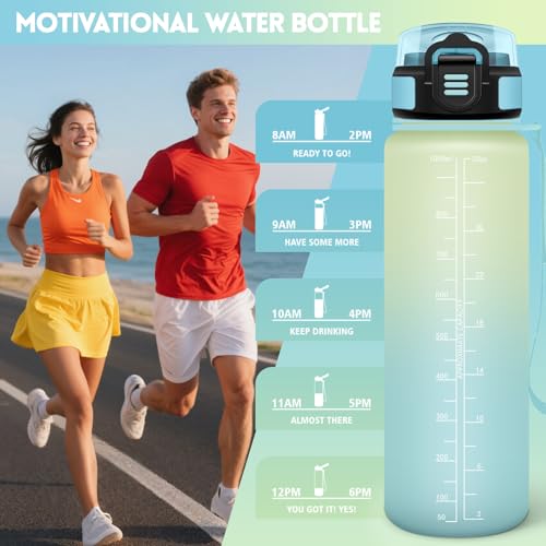 Mulbijeo Trinkflasche 1L, BPA-Frei, Wasserflasche Kohlensäure Geeignet, Wasserflasche Auslaufsicher, Trinkflasche mit Strohhalm, Zeitanreiz, Sportflasche für Laufen, Fahrrad, Fitness, Party