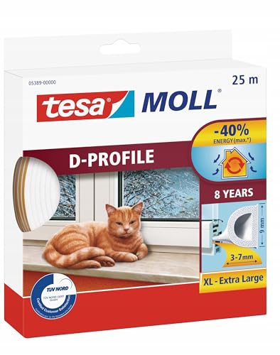 Tesamoll D-Profile Seal - Self Adhesive Rubber Draught Excluder for Insulating Gaps in Windows and Doors - White - 25 m x 9 mm x 7 mm