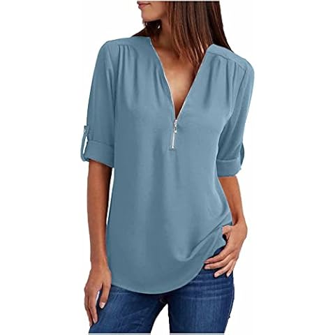 Womens Elegant V Neck Zip Tunic Tops Cover
