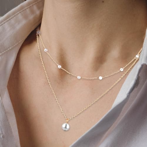 Dainty Gold Pearl Necklace for Women Trendy Gold Plated Layered Necklaces Simple Gold Herringbone Chain Necklace Single Pearl Strand Choker Necklace Gold for Women Girls Fashion Gold Jewelry Gifts - Image 8