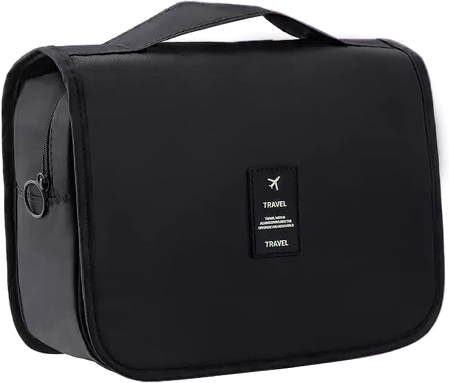 Image of Travel Toiletry Bag with Hanging Hook, Waterproof Cosmetic Organizer Pouch, Foldable Makeup Storage Case with Mesh & Transparent Compartments, Portable Travel Accessories Bag (Black Black)