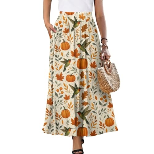 Women's Summer Casual Dress A-Line Midi Elastic High Waist Pleated Long Skirts with Two Pocket Size S-2XL