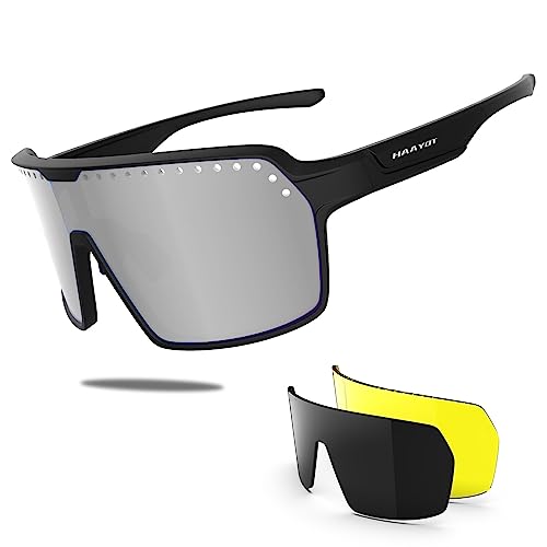 HAAYOT Polarized Cycling Glasses,Sports Sunglasses for Men Women,Baseball Running Fishing Biking Sunglasses with 3 Lenses Black Silver