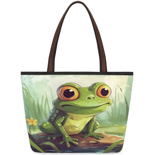 Cute Watercolor Frog Pond Tote Bag Multi Pocket Zippered Beach Bag Lightweight Waterproof Handbag for Women Men Work Gym Travel Swimming Yoga Grocery Shopping L