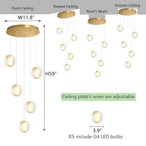 HAIXIANG 5 Lights Globe Chandelier Modern Crystal Glam Light LED Warm Light Pendant Lights for Dining Room Kitchen Island Antique Gold Lighting Fixture by HAIXIANG - Used condition - US$141.35