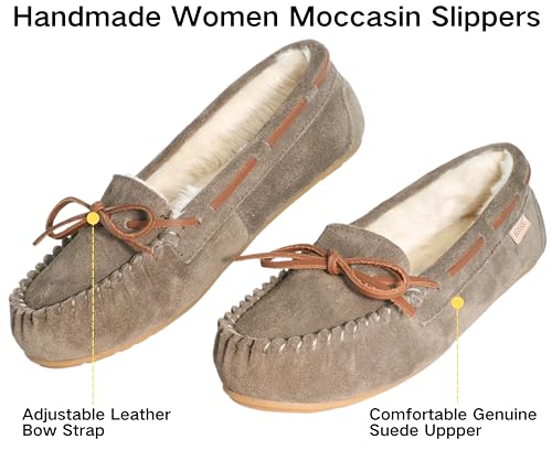 Women's Moccasin Slippers Cow Suede Warm Faux Fur Pile Lined Lace-Up Cozy Bow Indoor & Outdoor Moccasins Slip On Loafers Shoes for Women2